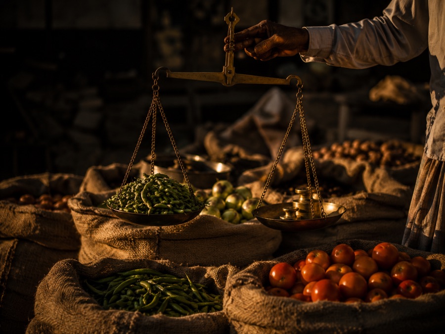 A brass hand scale weighing fresh produce over jute sacks at a dawn market