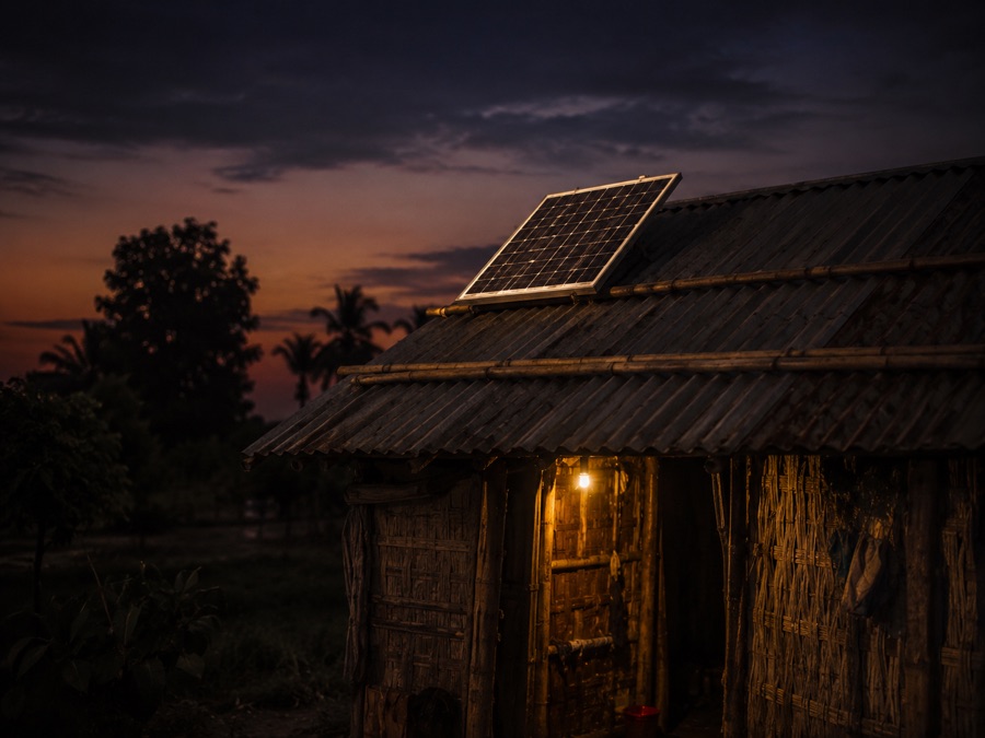 A small rooftop solar panel on a rural homestead at dusk, warm light glowing from within