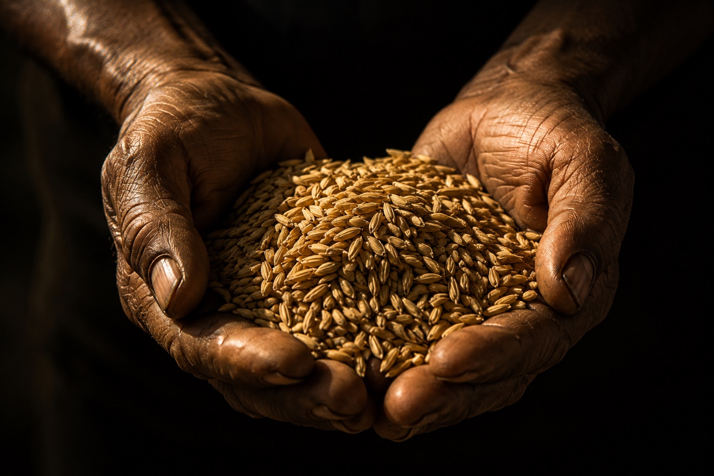 A farmer's weathered hands cradling harvested rice grain in warm directional light